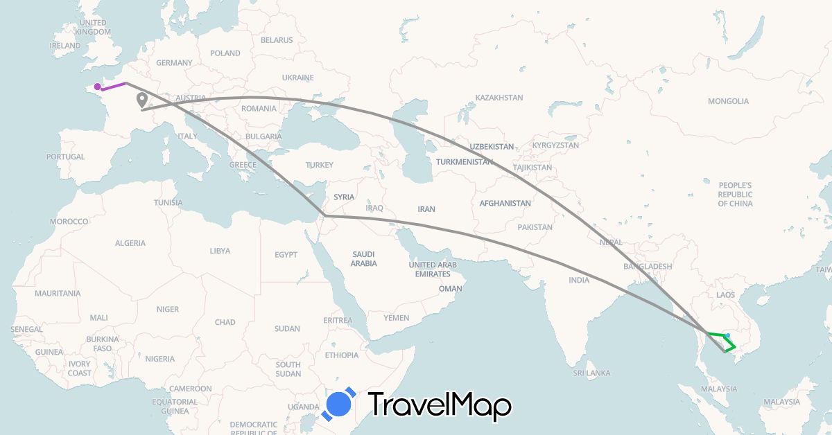 TravelMap itinerary: driving, bus, plane, cycling, train, boat in France, Jordan, Cambodia, Thailand (Asia, Europe)